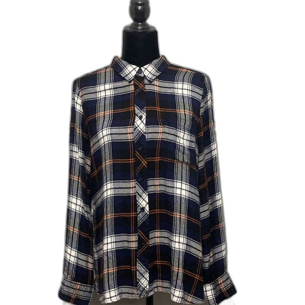 Melloday Women’s Rustic Casual Blue Orange Plaid Button Front Long Sleeve Shirt